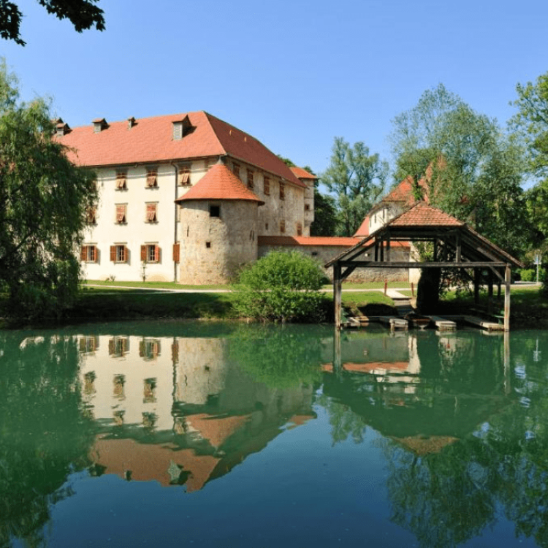 Castle Hotel Otocec on a small island surrounded by the Krka River